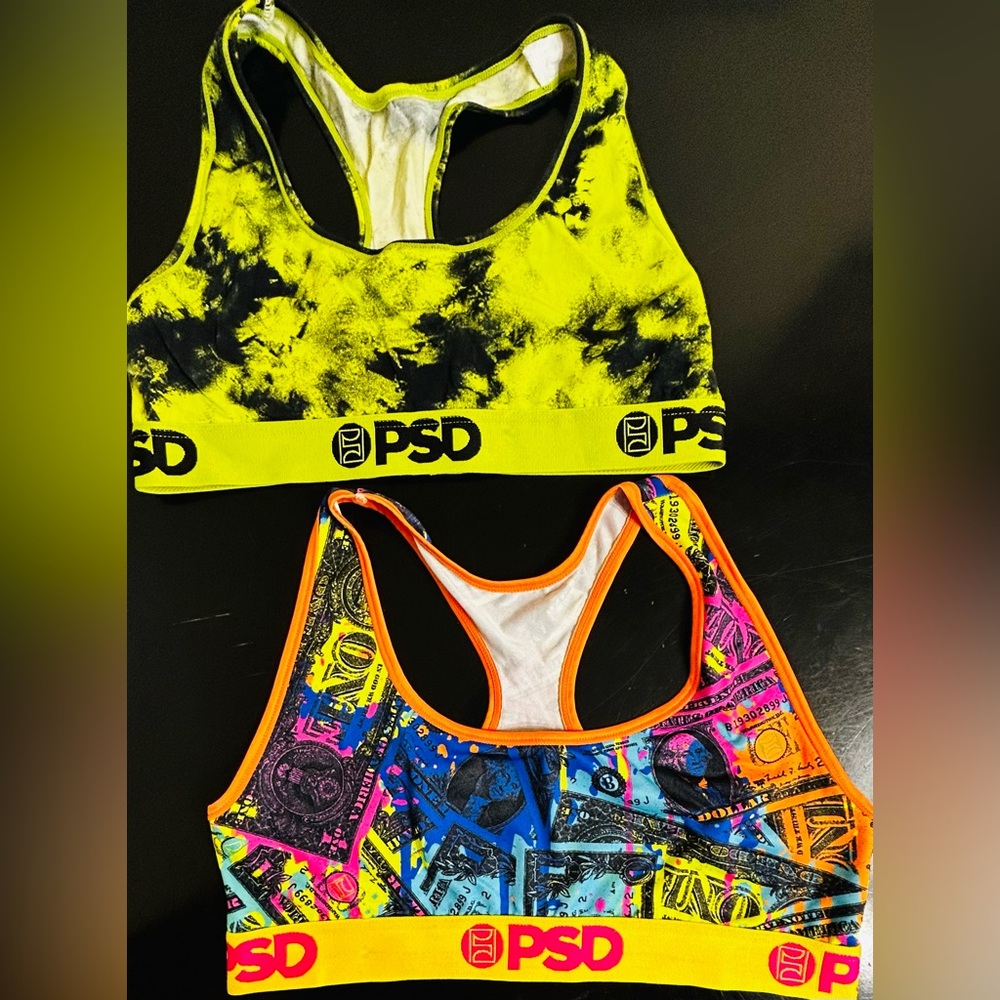 *SALE*(2)PSD Neon Yellow,Black Tie-Dye & Orange Money Sports Bras Bundle Deal